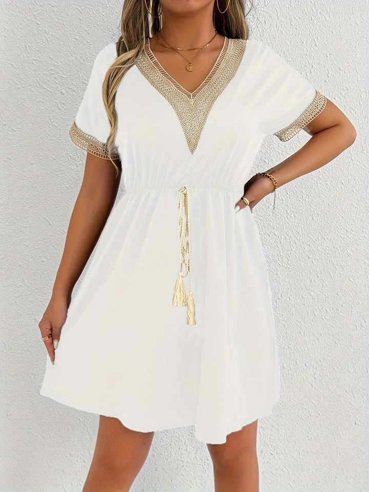 Women's V-Neck Fringed Belted Dress - BloMelle
