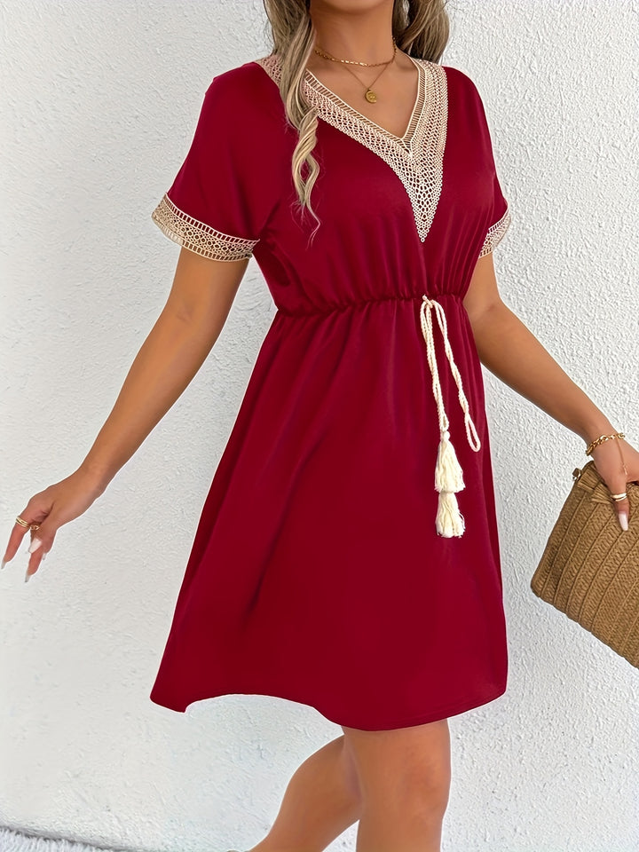 Women's V-Neck Fringed Belted Dress - BloMelle