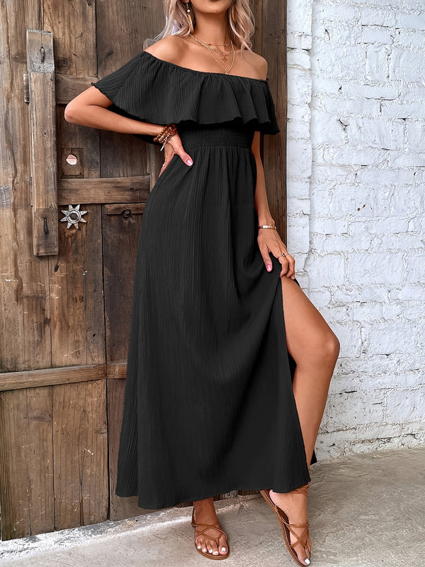 Elegant Off-Shoulder Ruffle Trim Beach Dress - BloMelle